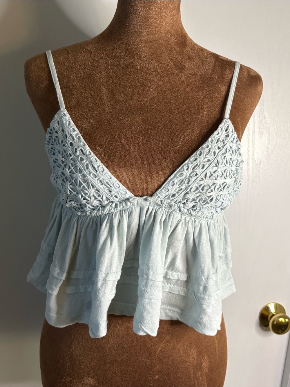 BDG Crochet Lace Ruffle Peplum Crop Spaghetti Straps Cotton Sz S Boho Coquette